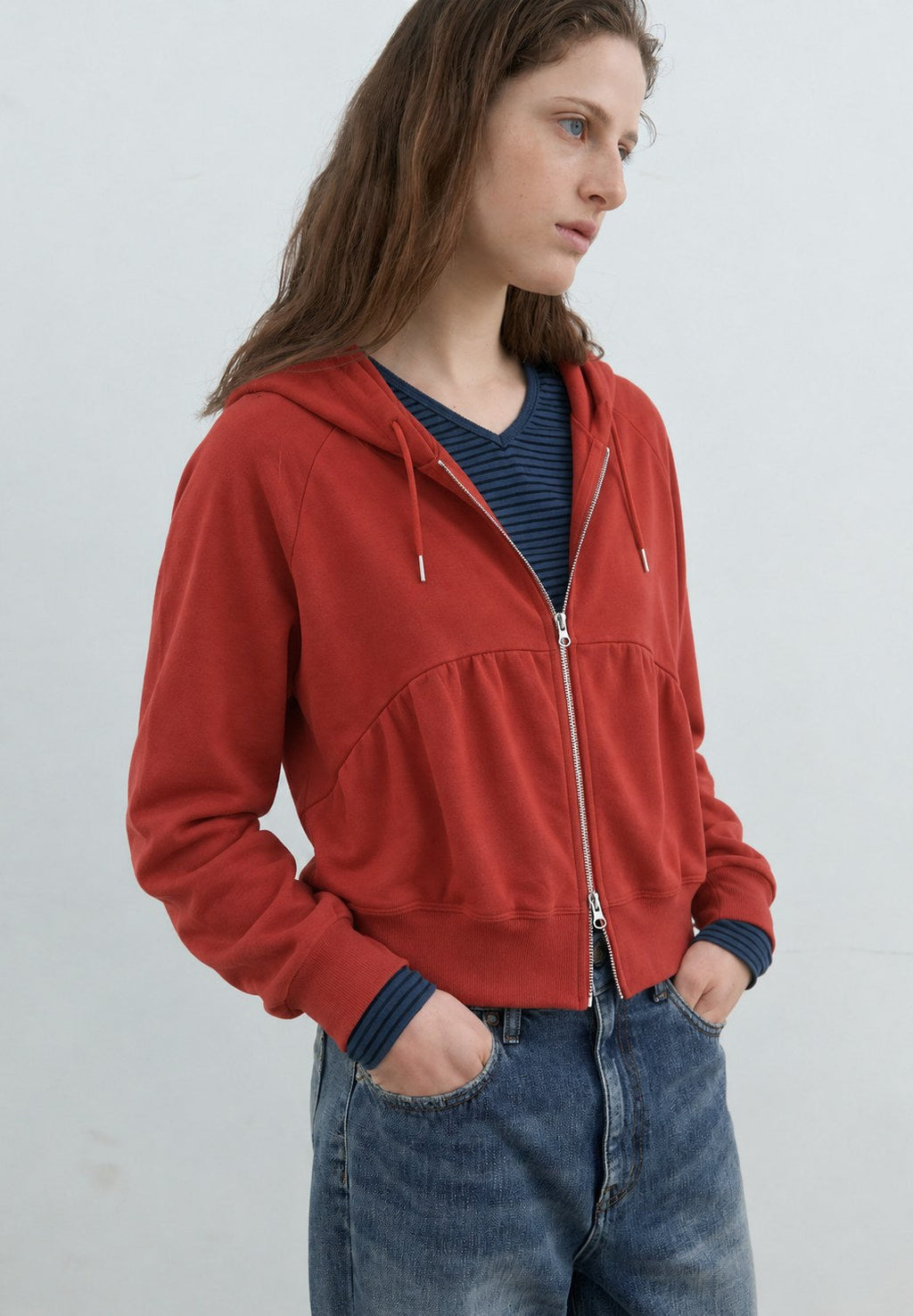 Gathered Zip Hoodie — Front styling view
