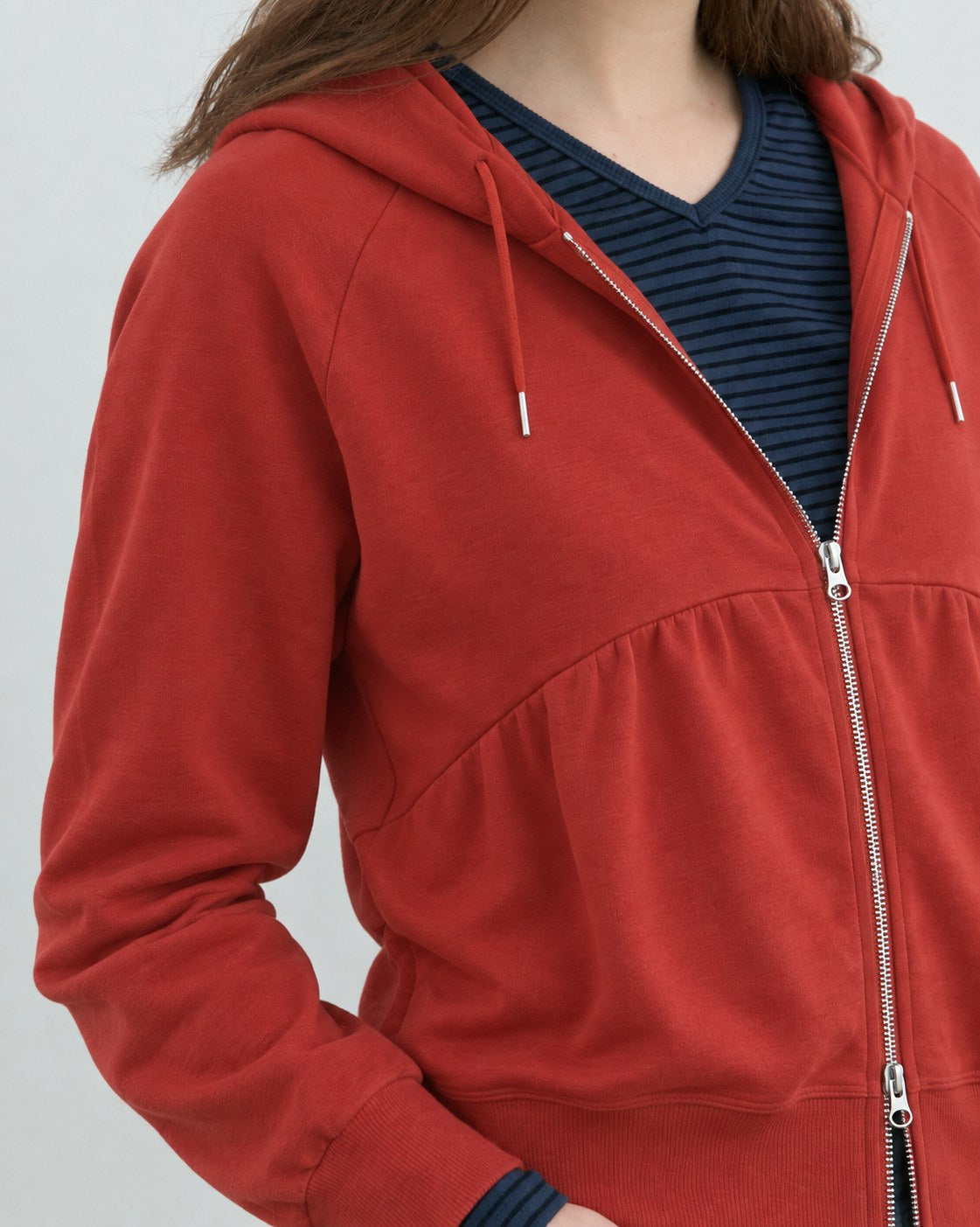 Gathered Zip Hoodie — Neckline and raglan sleeves