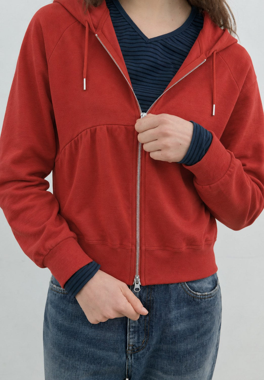 Gathered Zip Hoodie — Zip and cuff detail