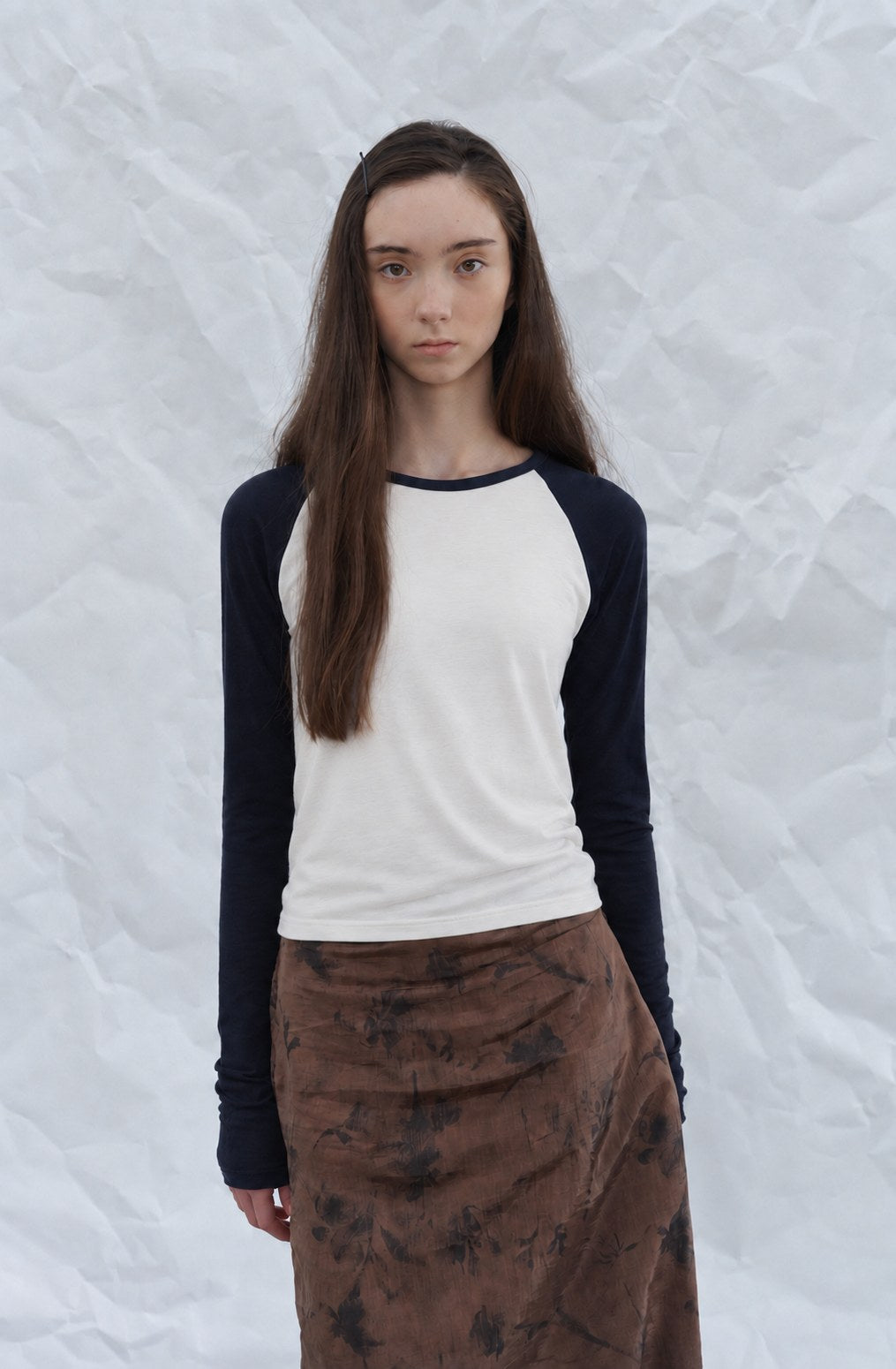 Contrast Raglan Tee — Navy sleeves, front view