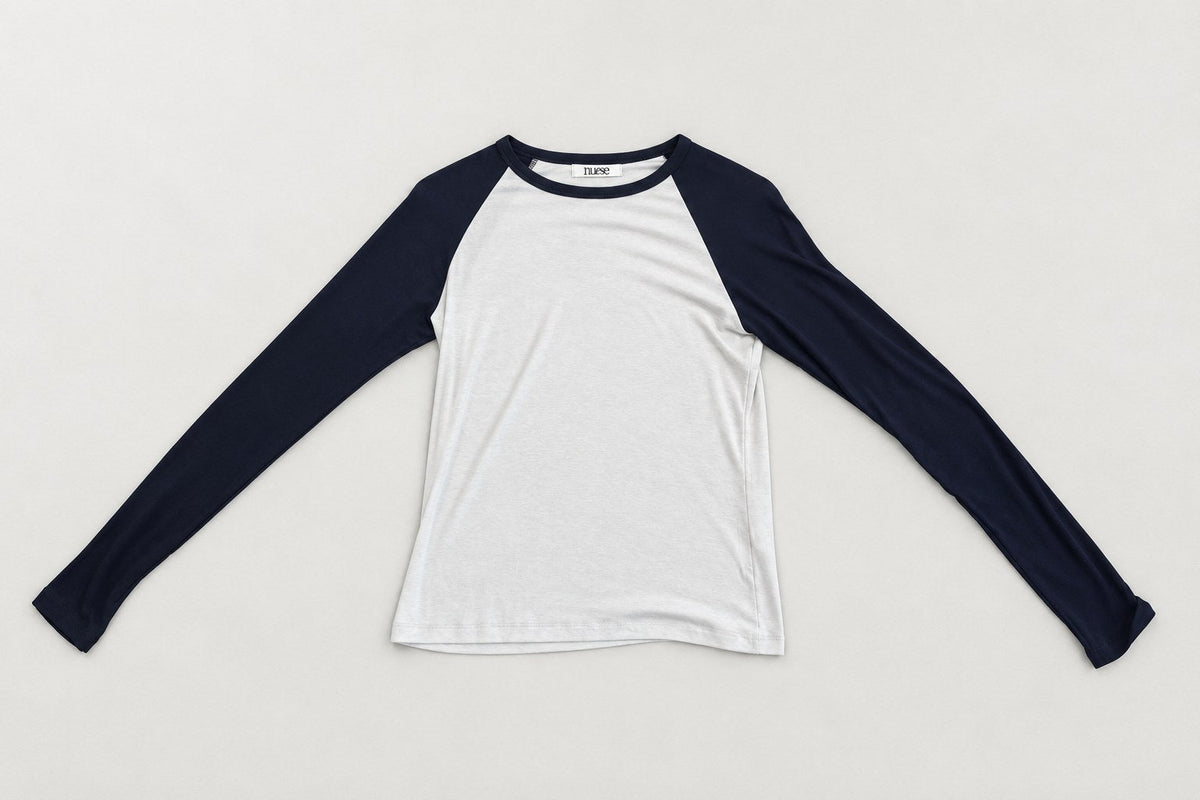 Contrast Raglan Tee — Navy sleeves, front flat lay