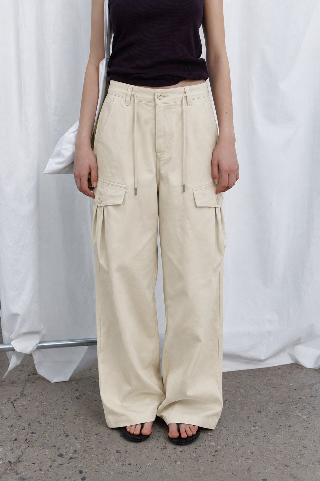 Drawstring Cargo Pants — Ivory, front view