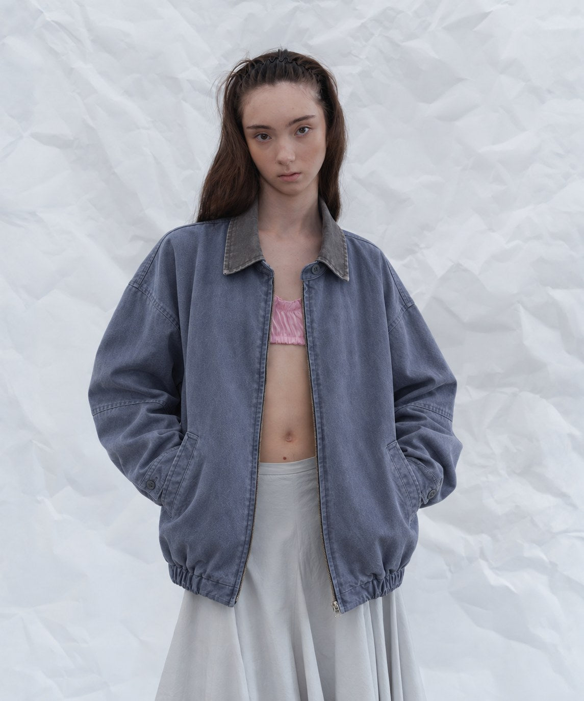 Washed Zip Jacket — Front, worn open
