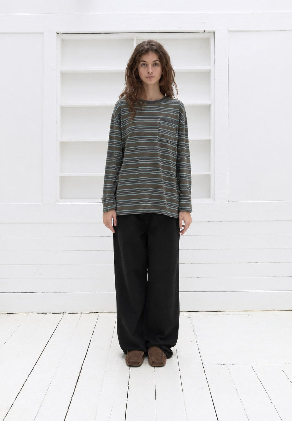 Striped Pocket Tee — Green stripe, front view