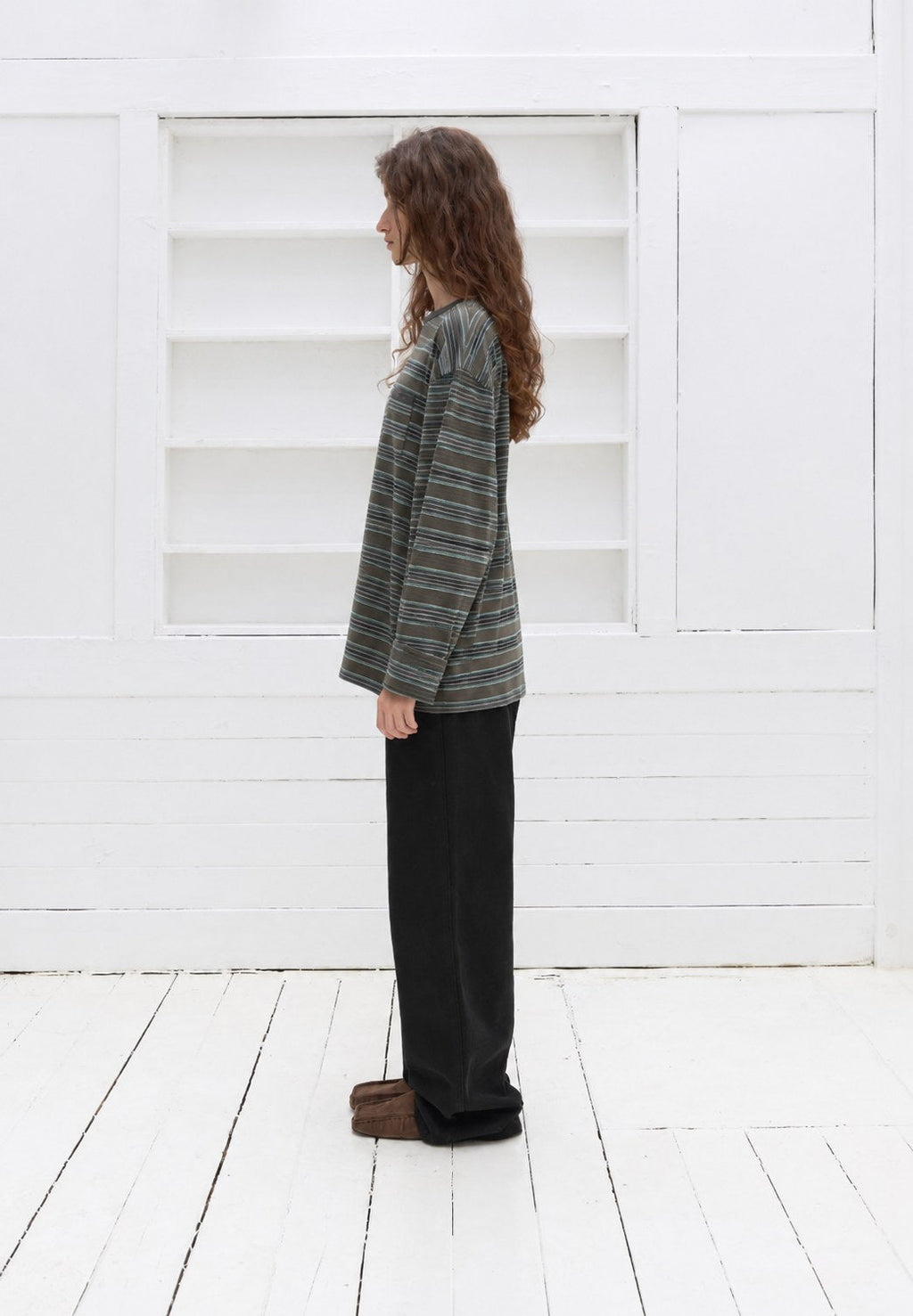 Striped Pocket Tee — Green stripe, side view