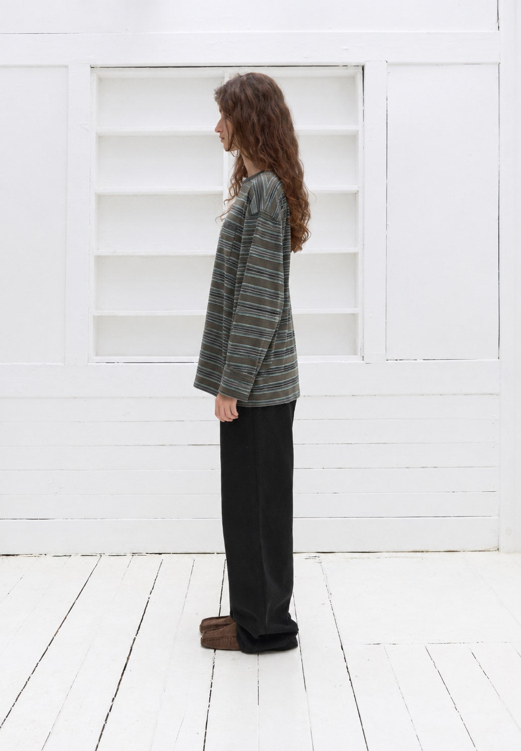 Striped Pocket Tee — Green stripe, side view