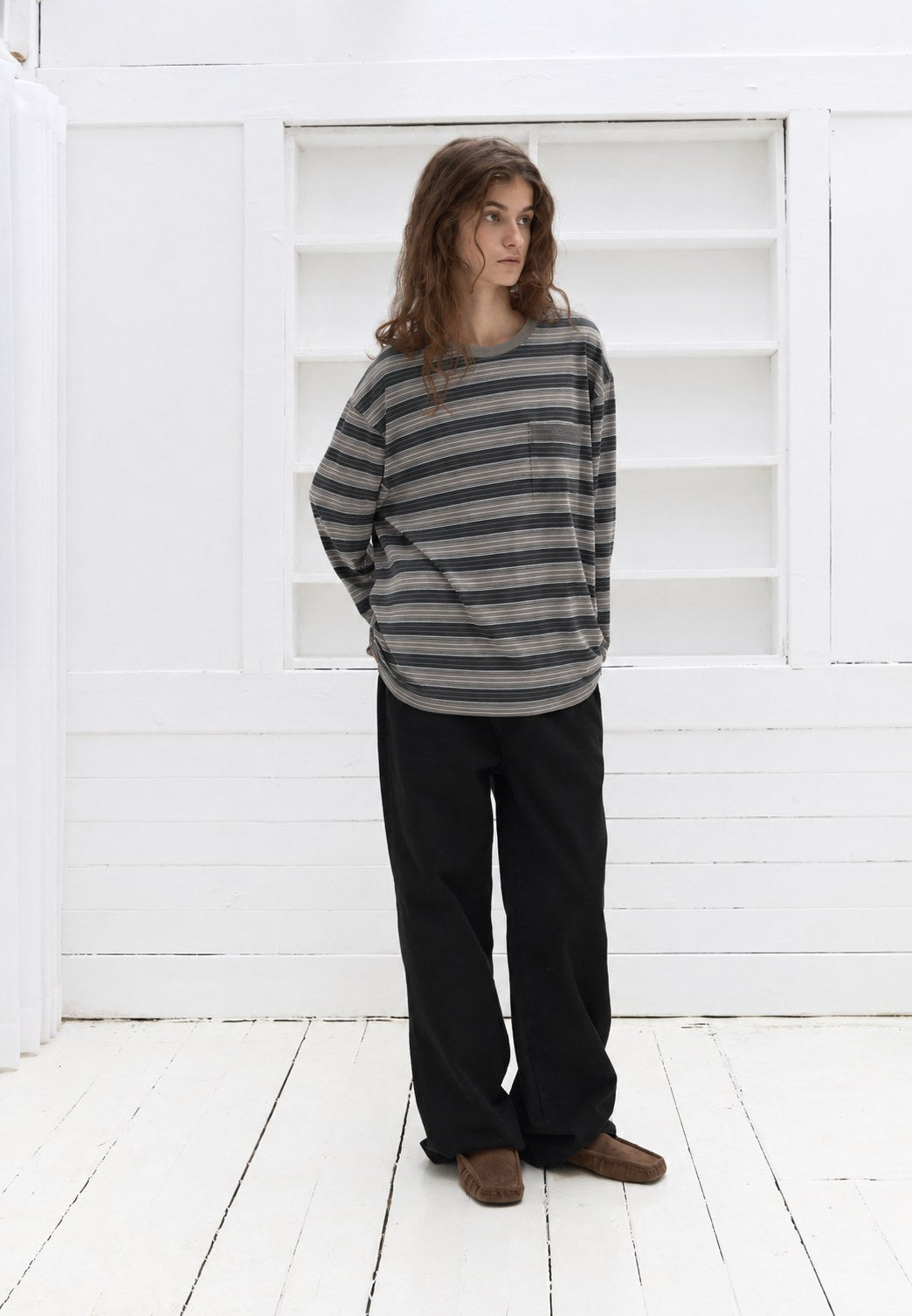 Striped Pocket Tee — Black stripe, full-length view