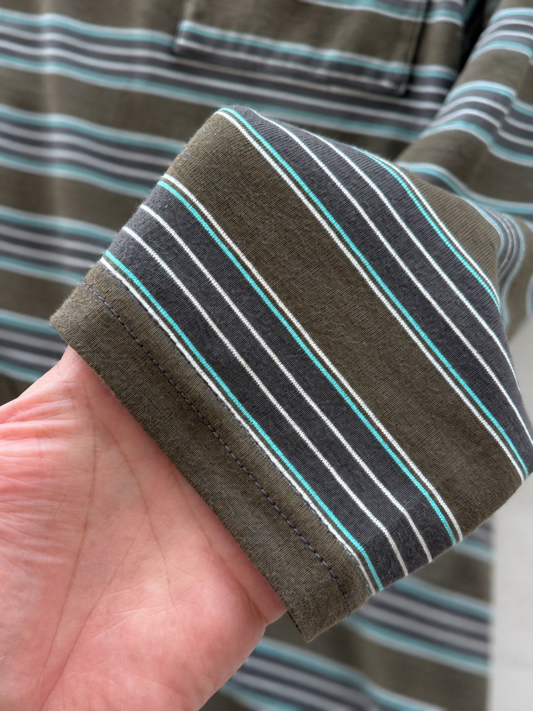 Striped Pocket Tee — Green stripe, cuff detail