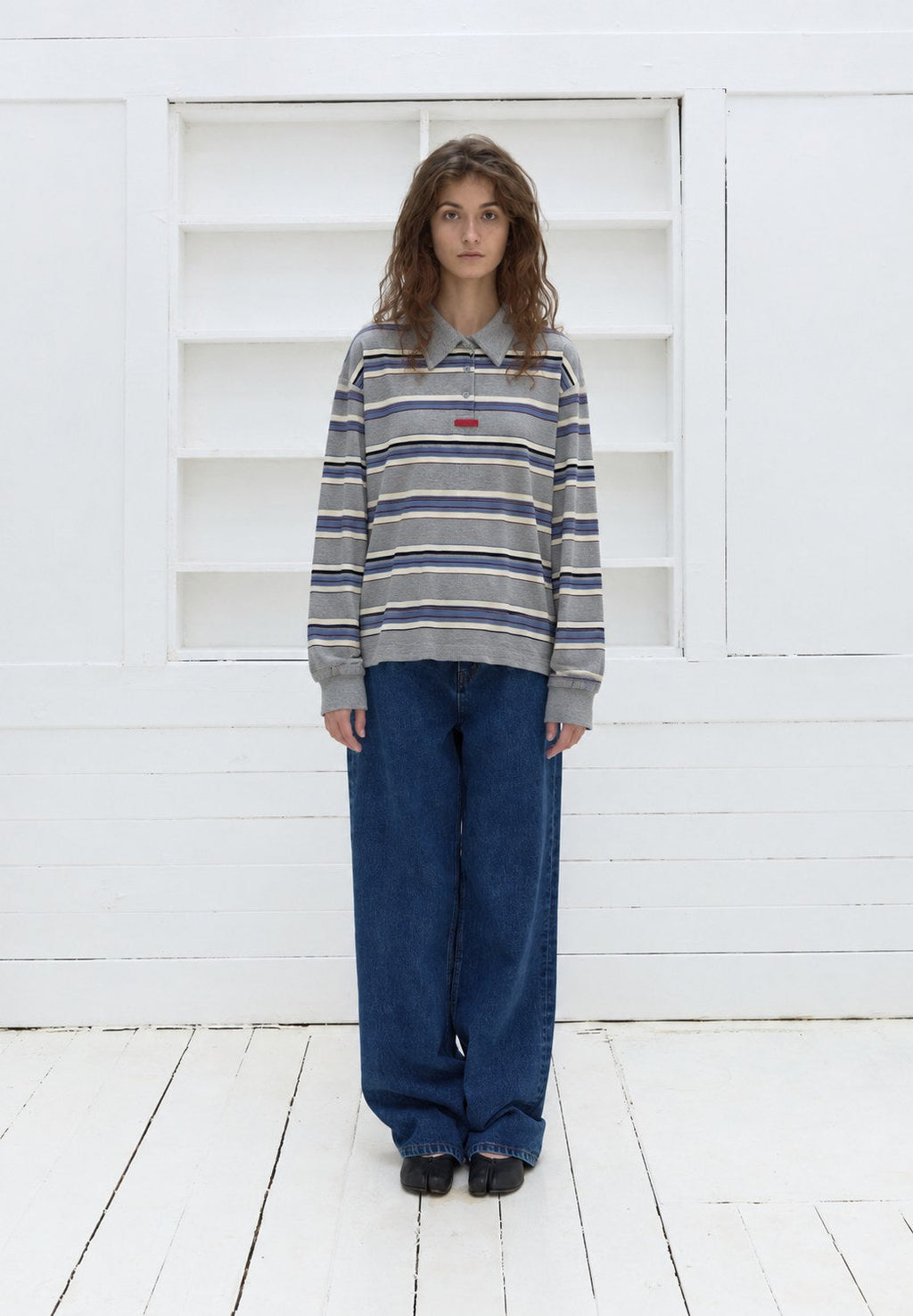Striped Polo Shirt — Grey, front view