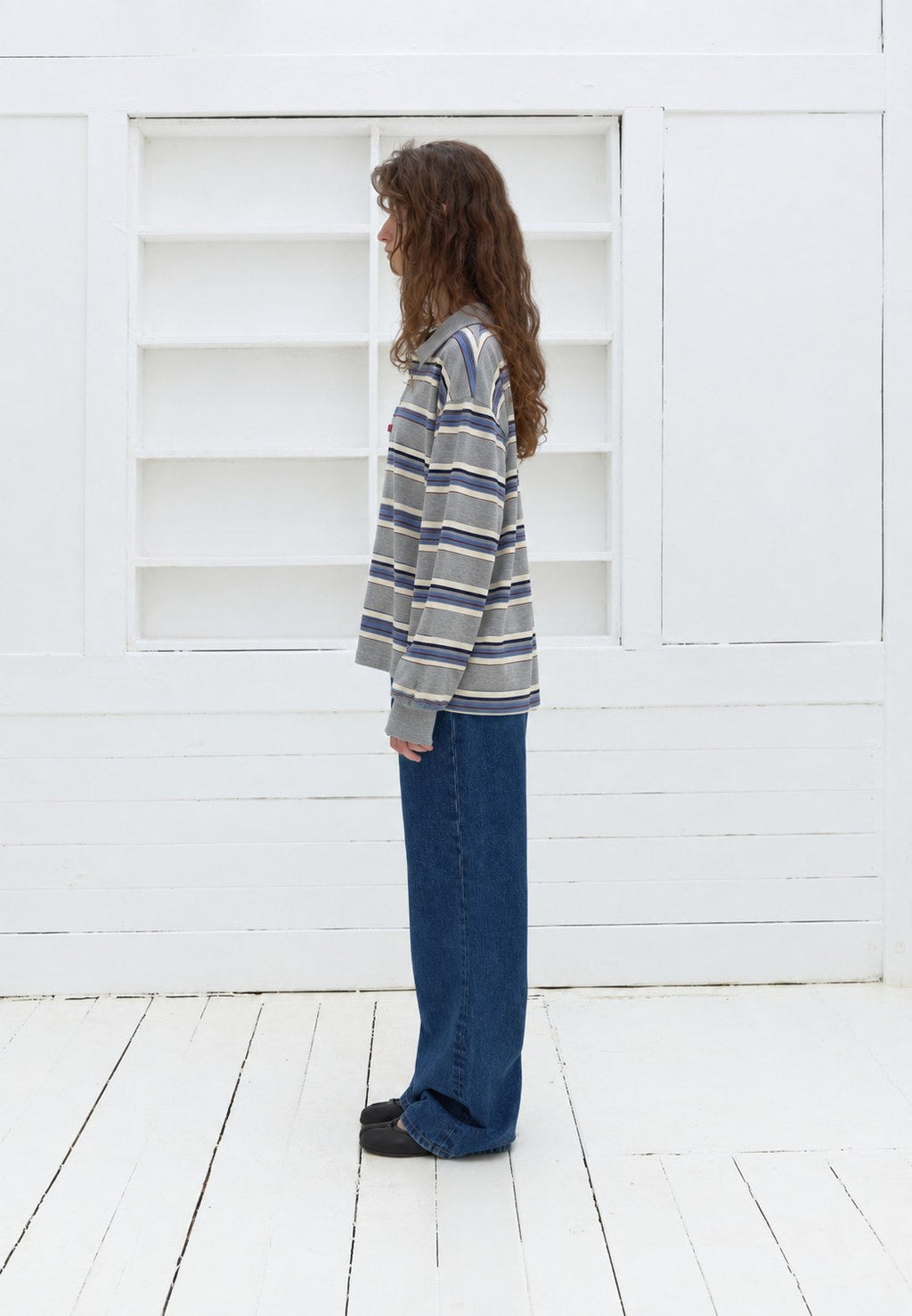 Striped Polo Shirt — Grey, side view
