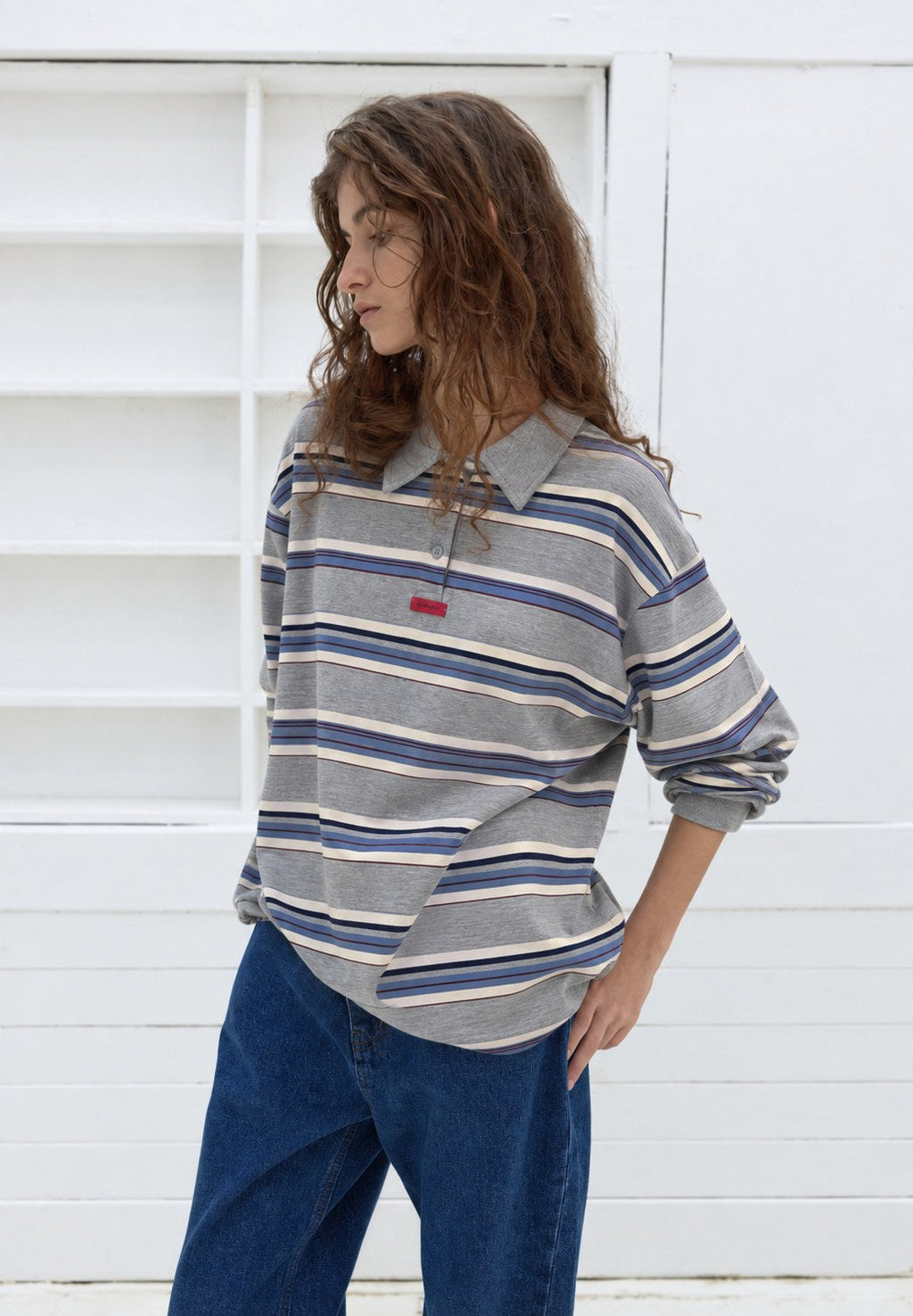Striped Polo Shirt — Grey, three-quarter close-up