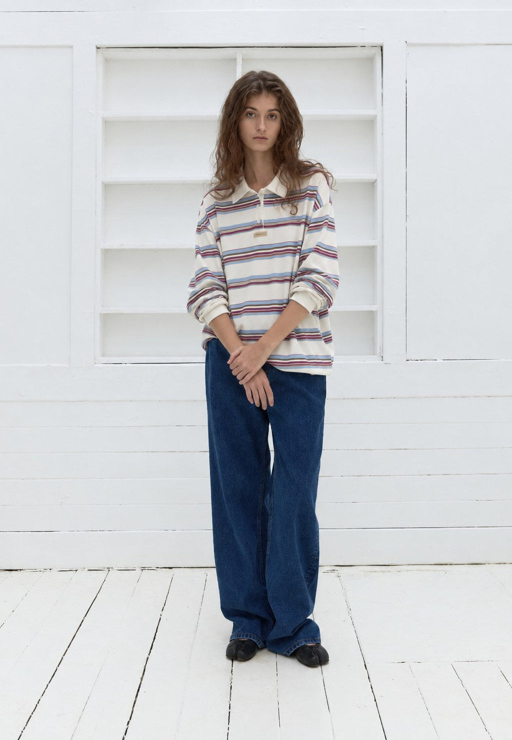 Striped Polo Shirt — White, front styling