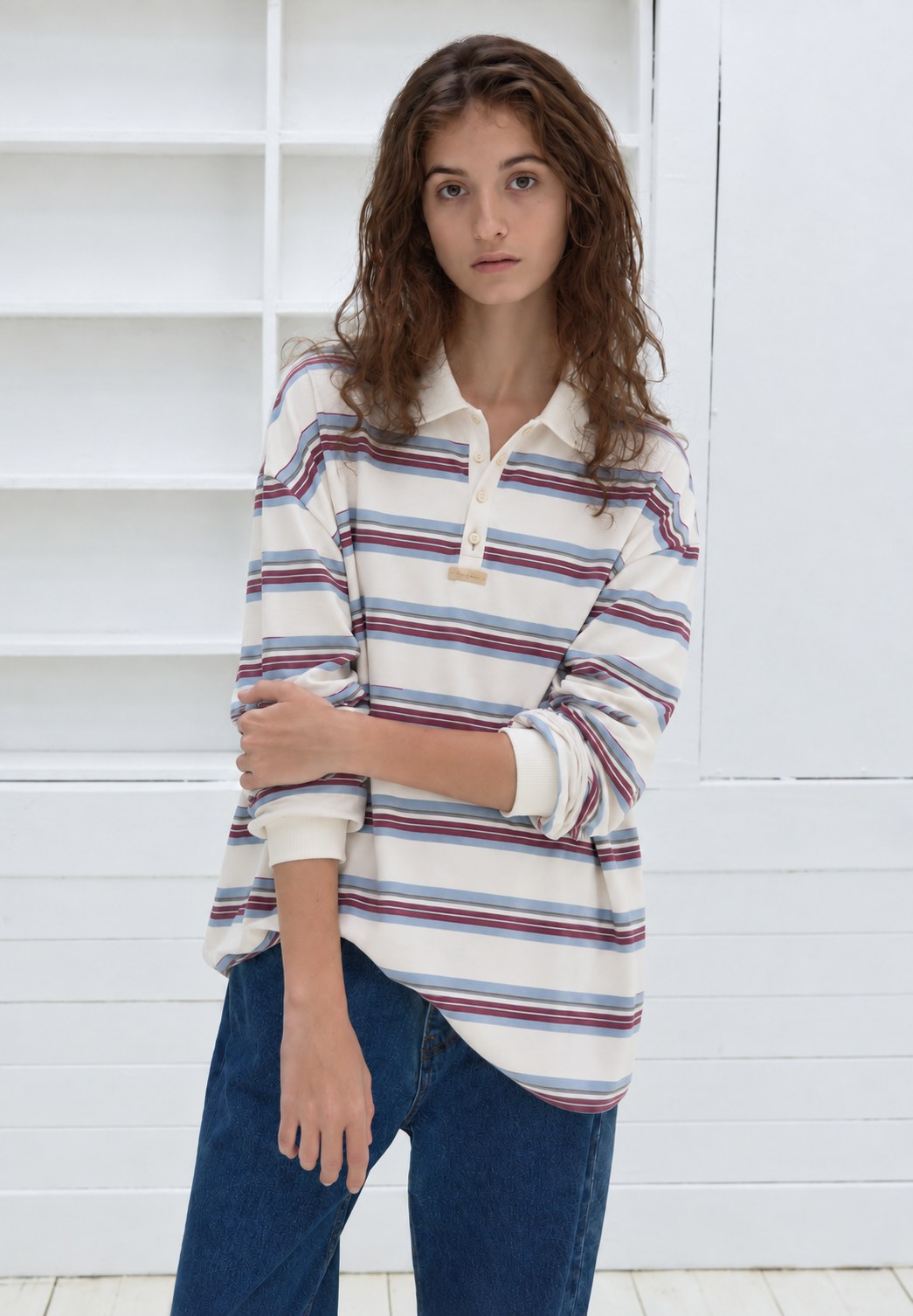 Striped Polo Shirt — White, sleeve styling