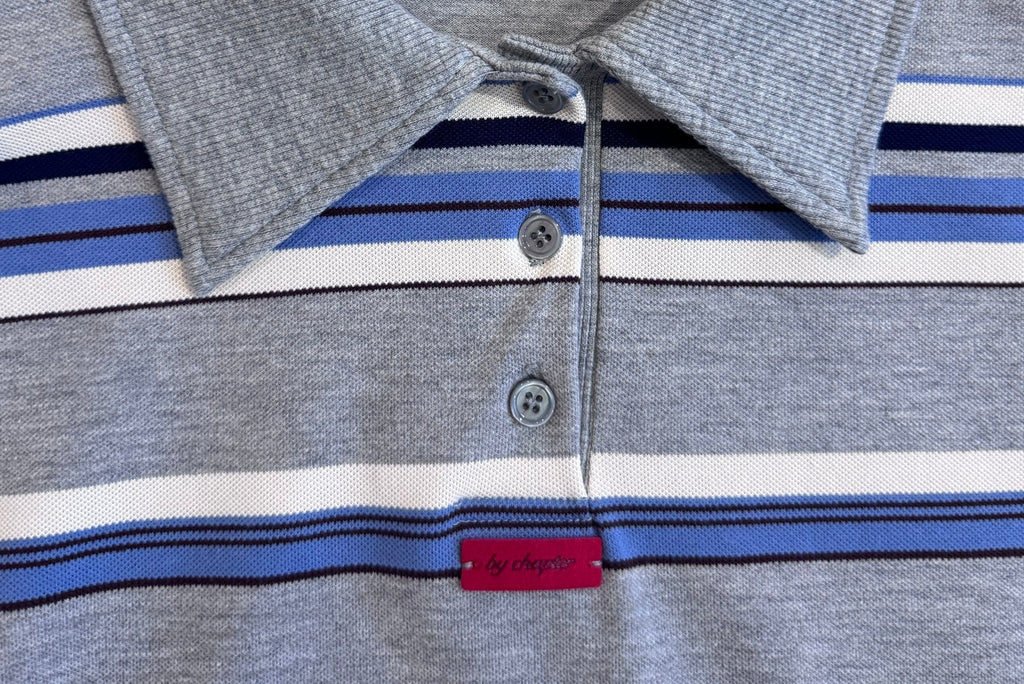 Striped Polo Shirt — Grey, button placket detail