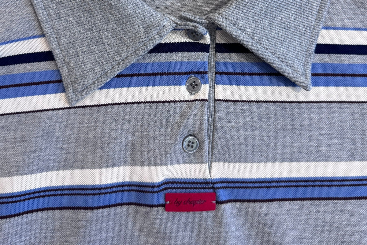 Striped Polo Shirt — Grey, button placket detail