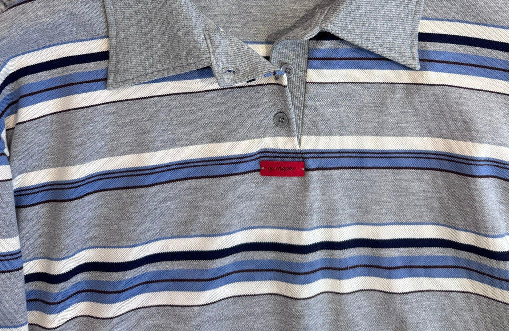 Striped Polo Shirt — Grey, open collar detail
