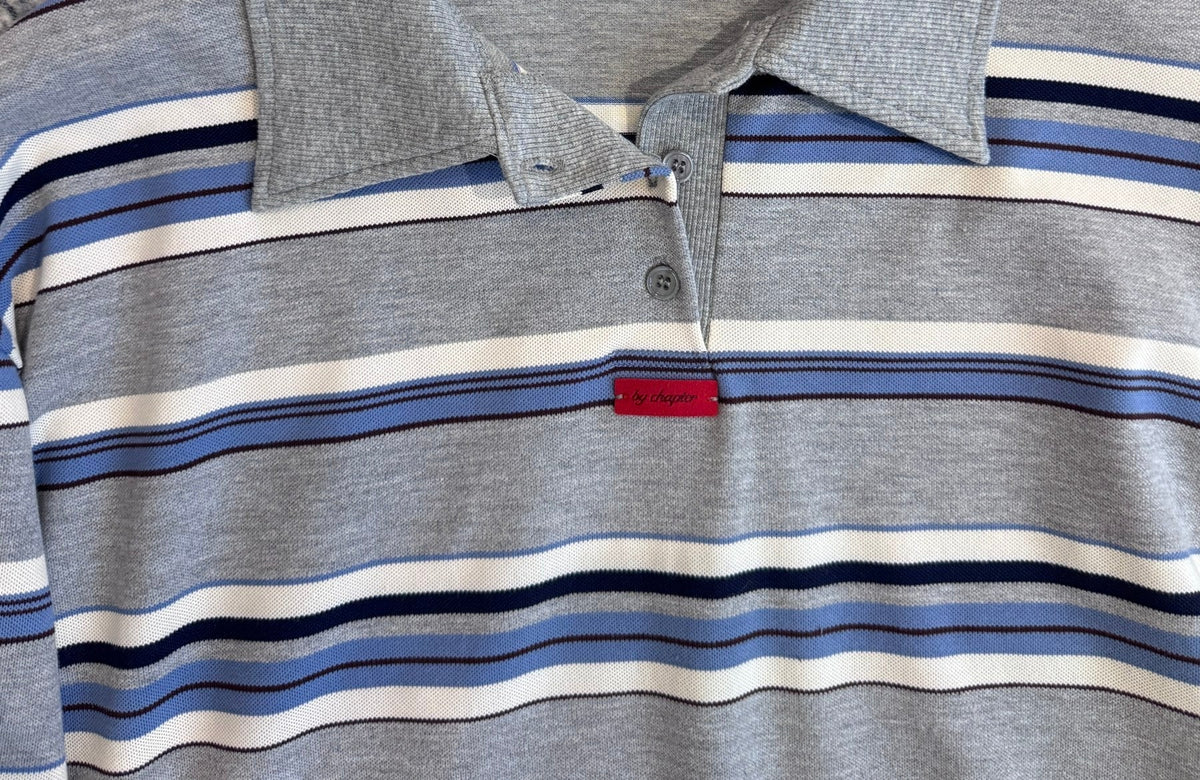 Striped Polo Shirt — Grey, open collar detail