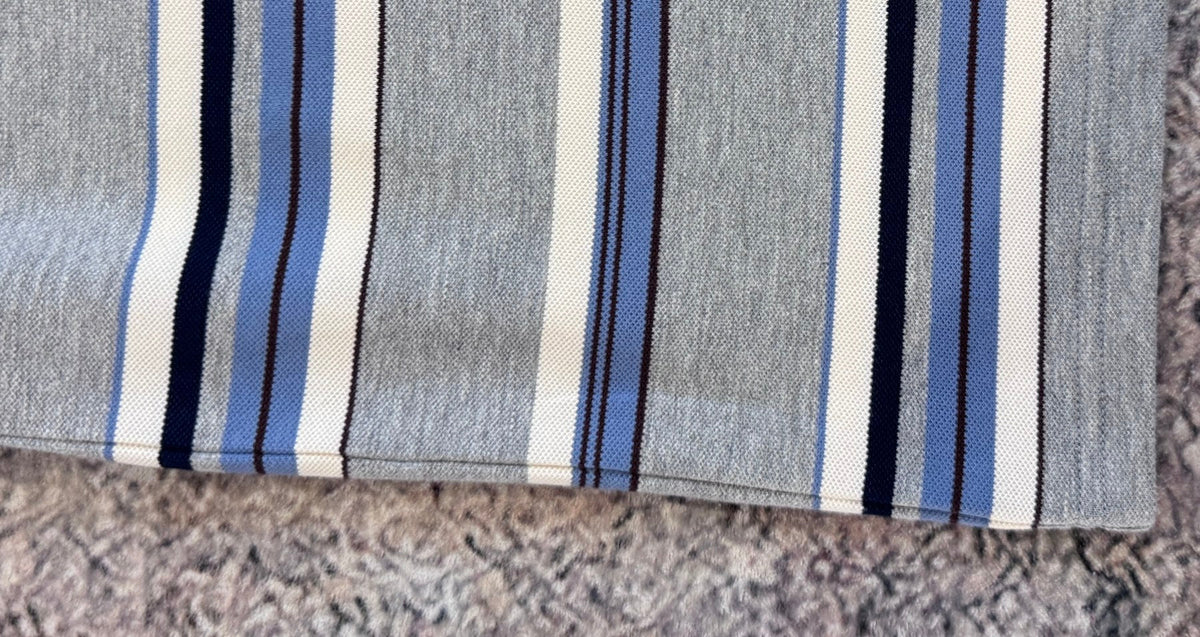Striped Polo Shirt — Grey, straight hem detail
