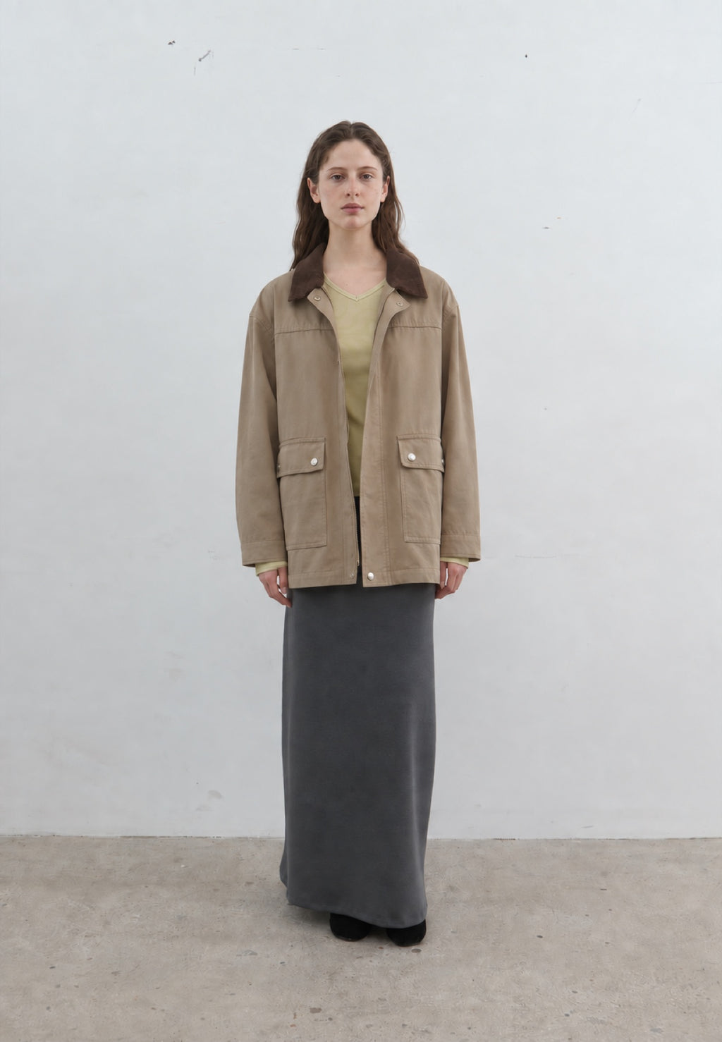 Corduroy-Collar Jacket in khaki, full-length front view