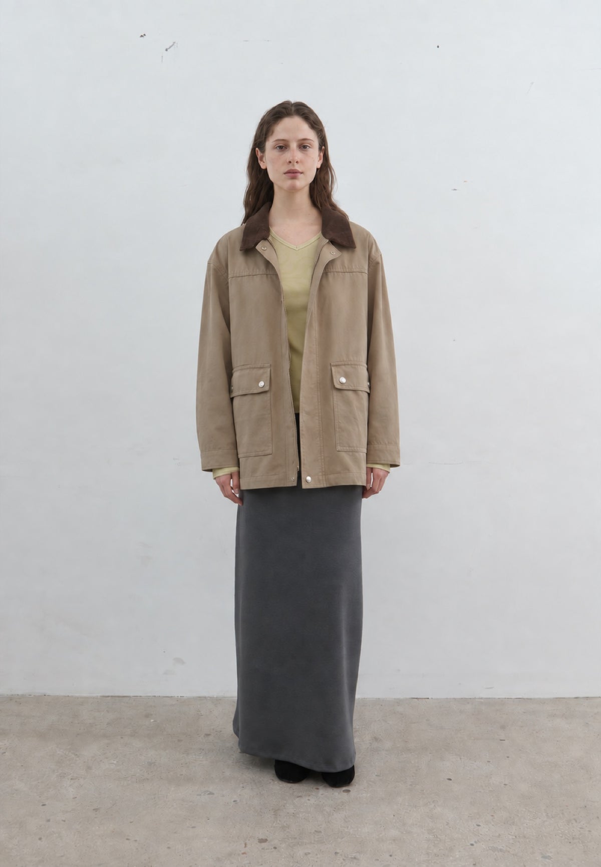Corduroy-Collar Jacket in khaki, full-length front view