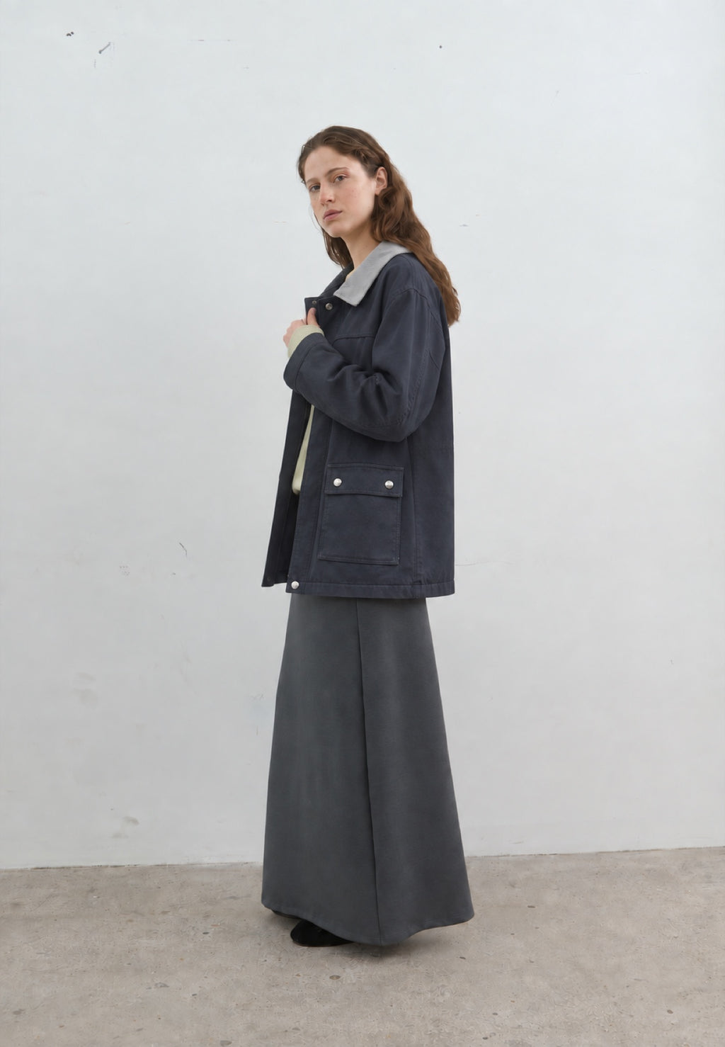 Corduroy-Collar Jacket in navy, three-quarter view