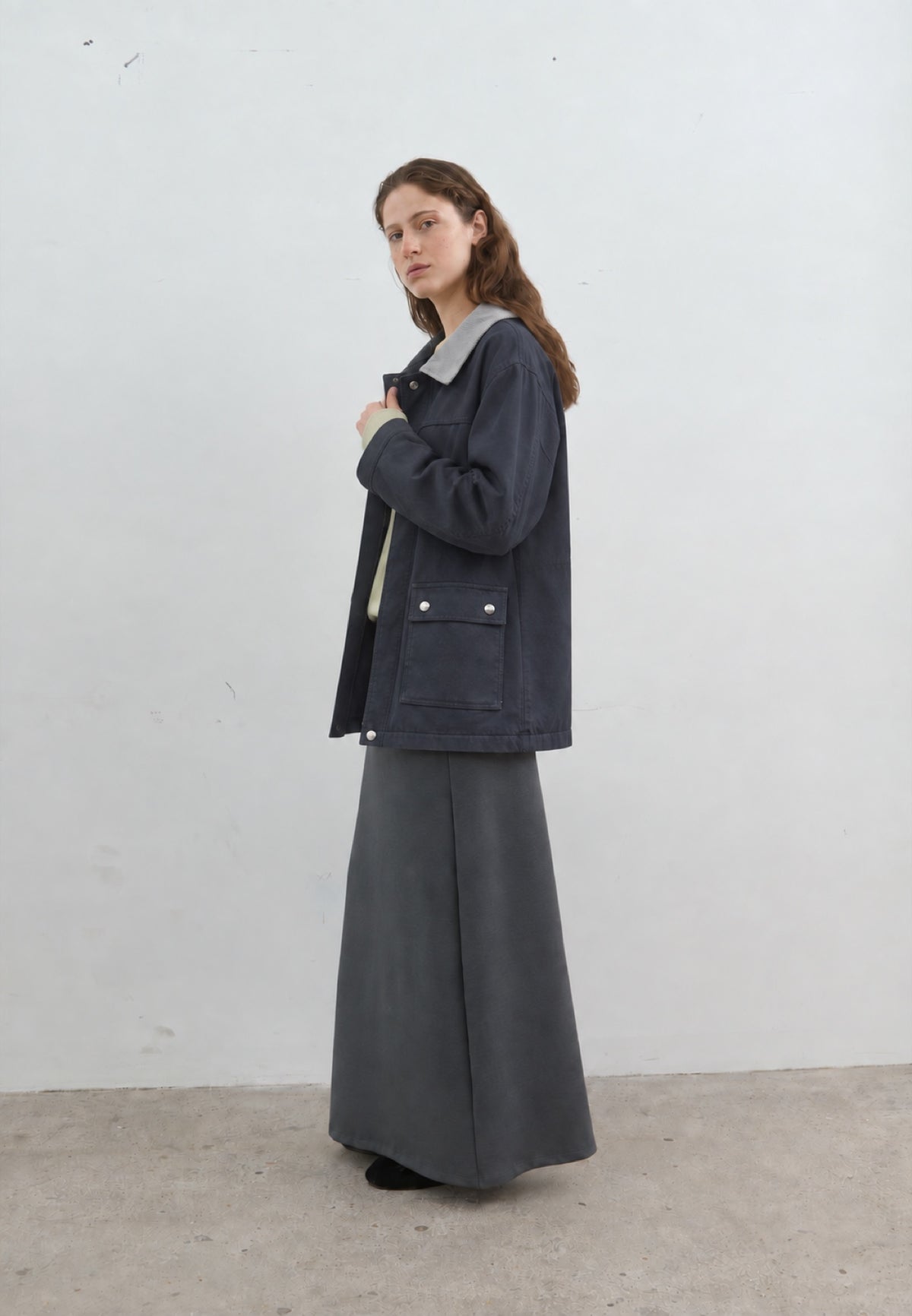 Corduroy-Collar Jacket in navy, three-quarter view