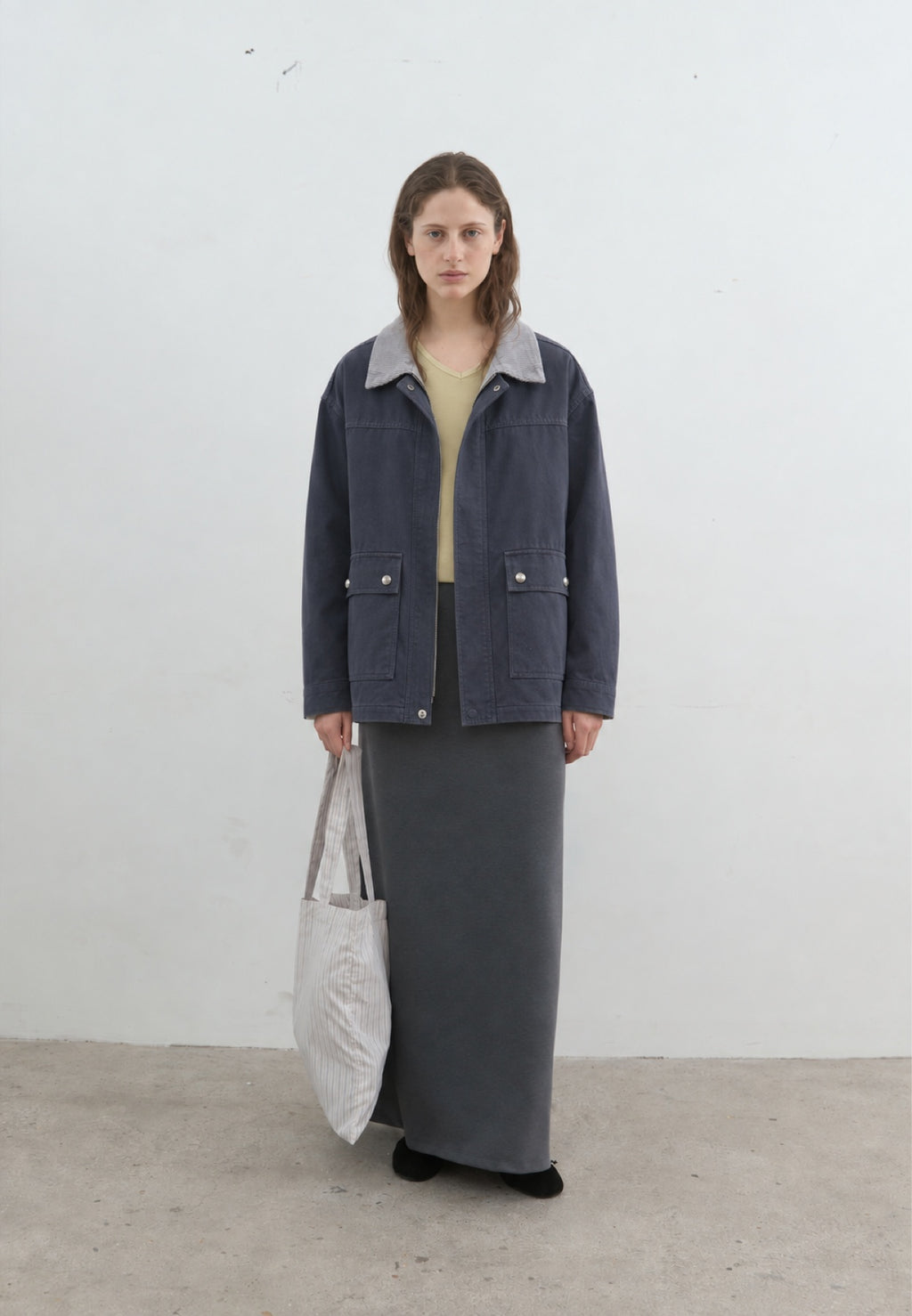 Corduroy-Collar Jacket in navy, full-length front view