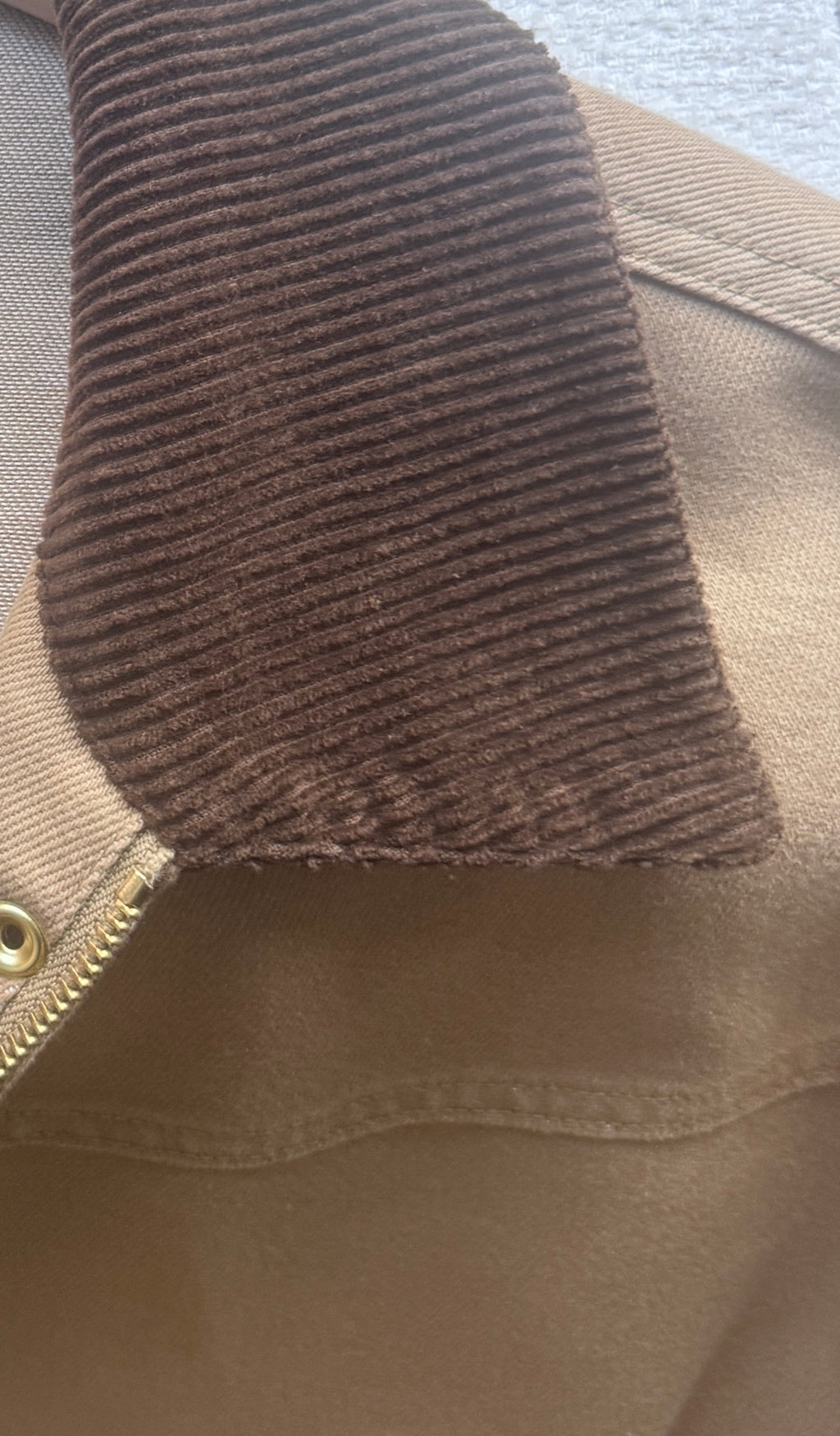 Corduroy-Collar Jacket in khaki, photographed corduroy collar detail