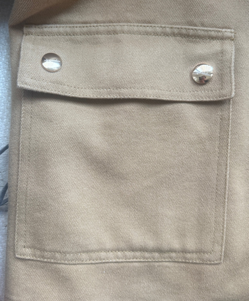 Corduroy-Collar Jacket in khaki, photographed double-snap pocket detail