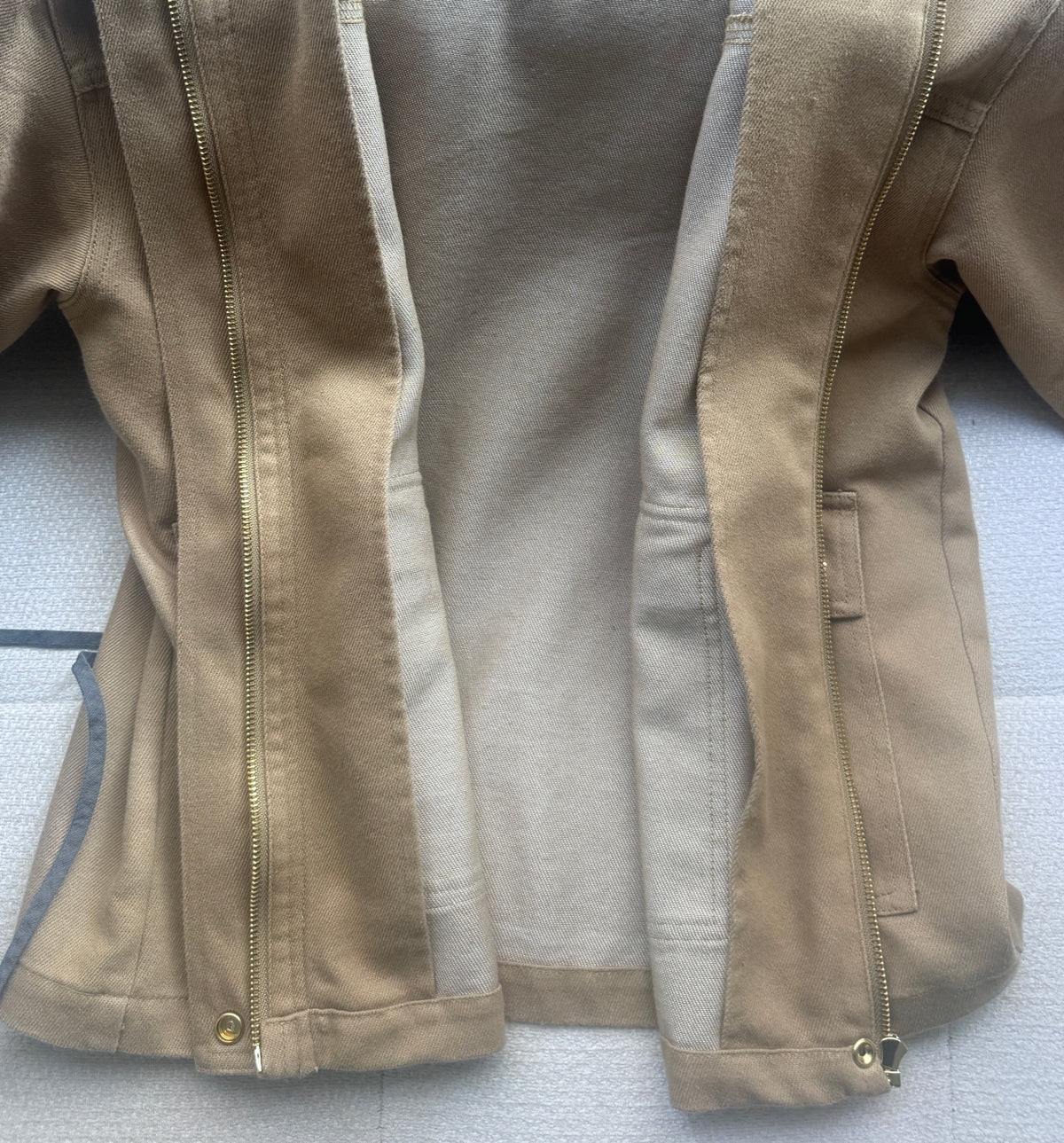 Corduroy-Collar Jacket in khaki, photographed concealed zip detail