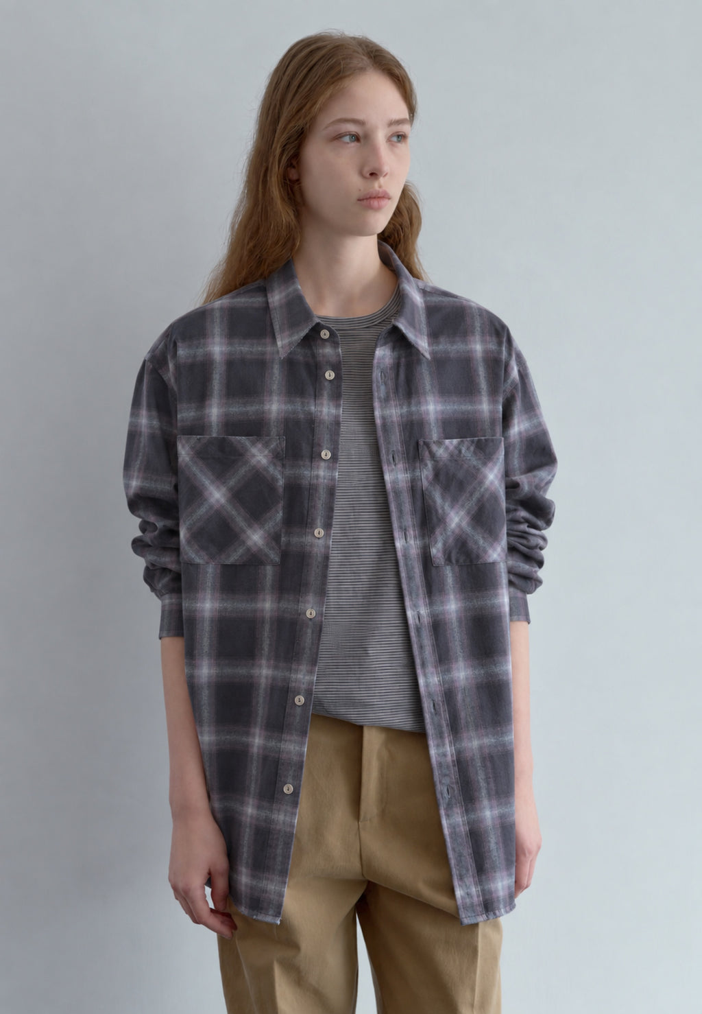 Faded Check Shirt in purple-grey, front half-length view