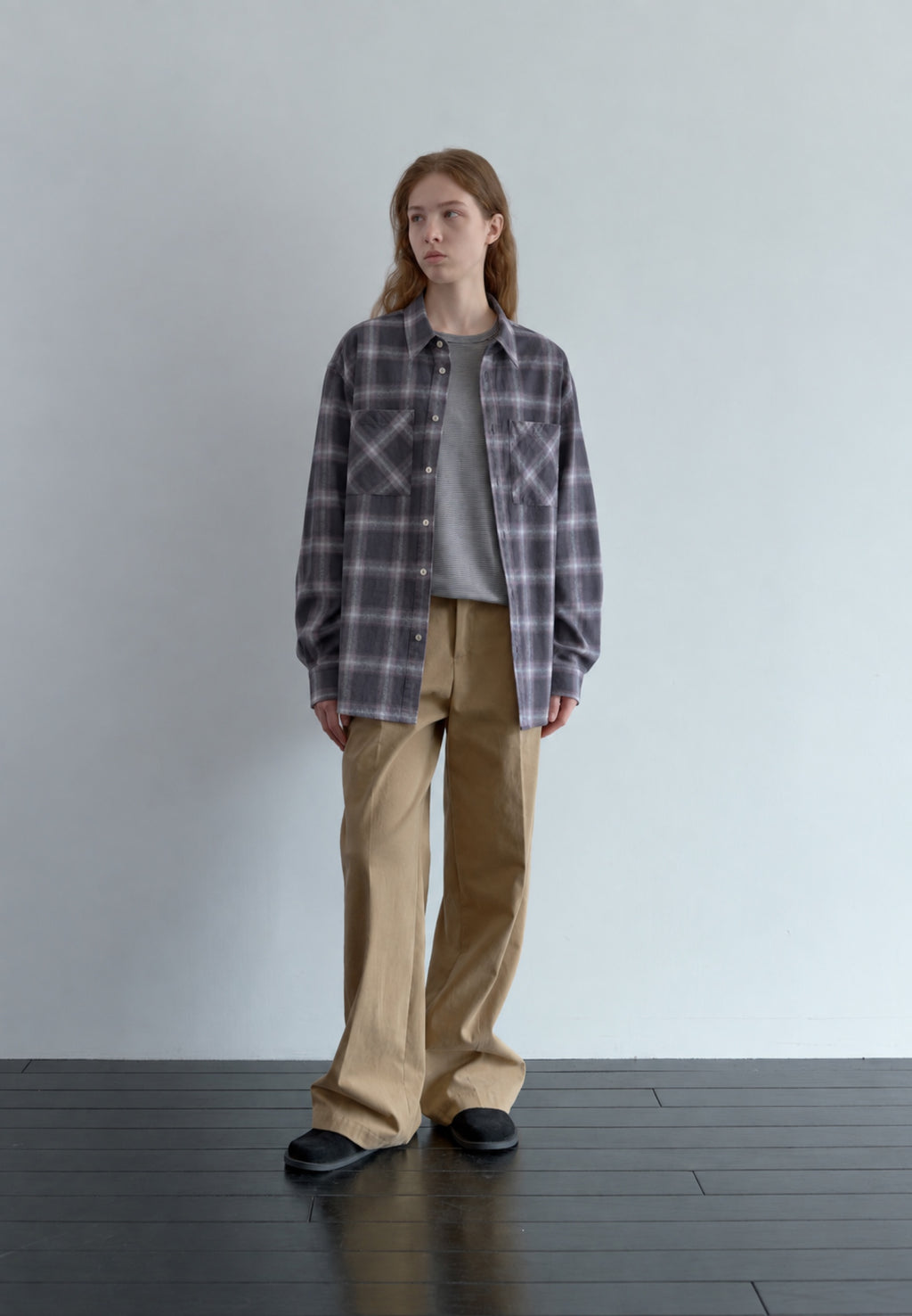 Faded Check Shirt in purple-grey with khaki trousers, full front view