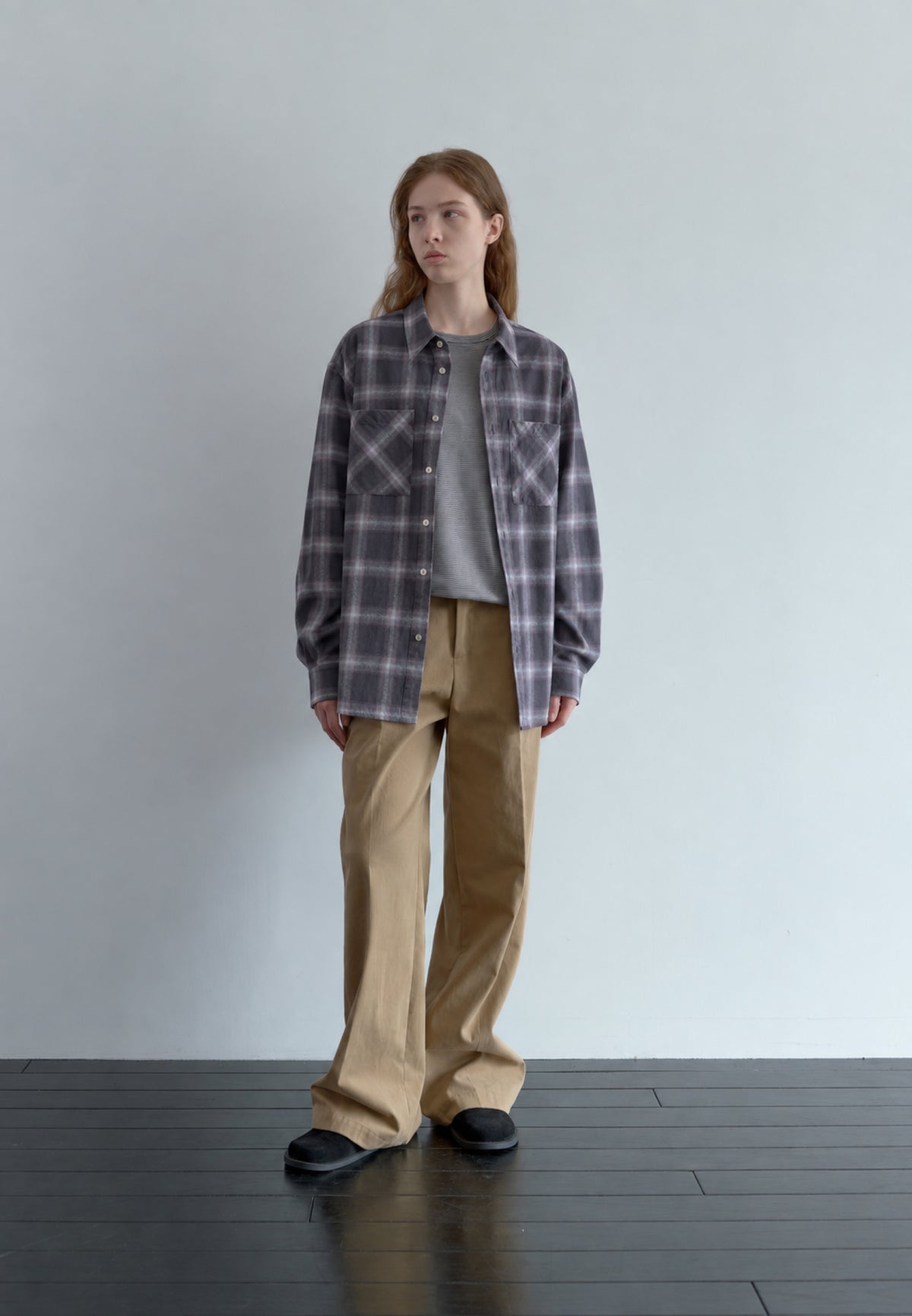 Faded Check Shirt in purple-grey with khaki trousers, full front view