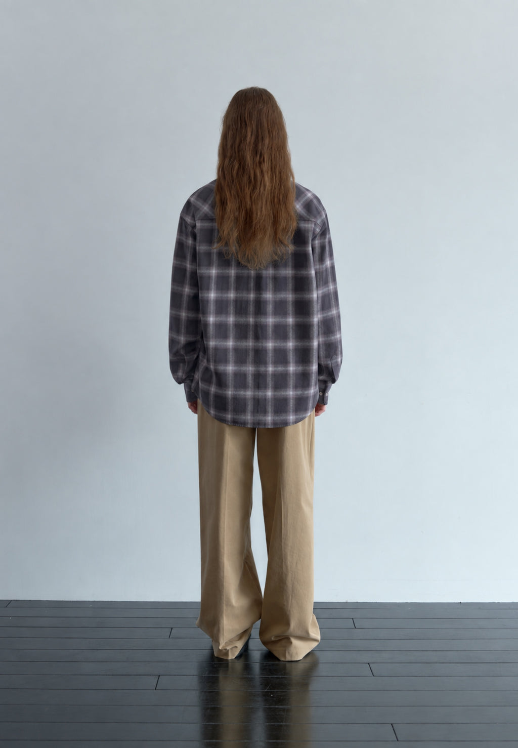 Faded Check Shirt in purple-grey, full back view