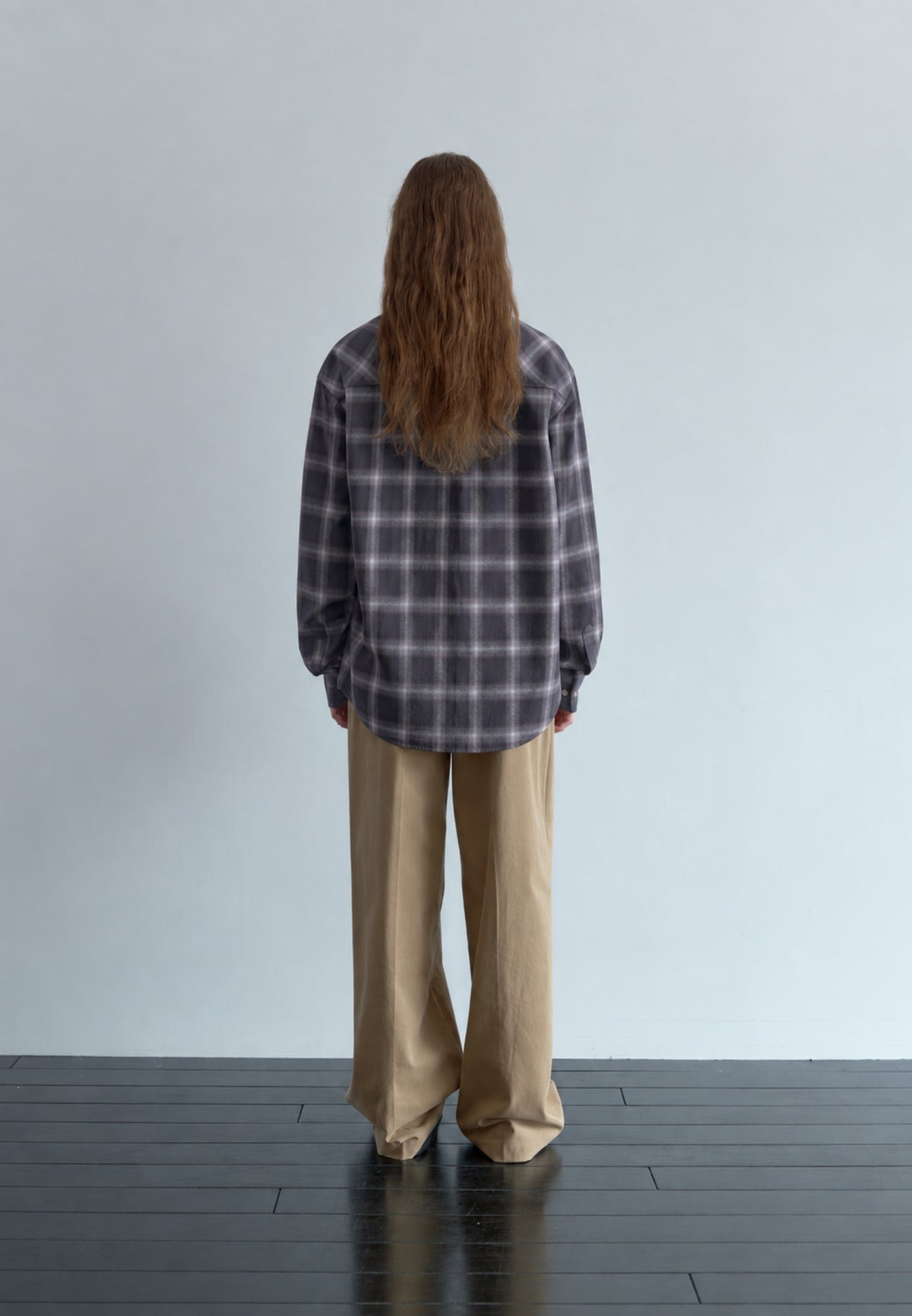 Faded Check Shirt in purple-grey, full back view