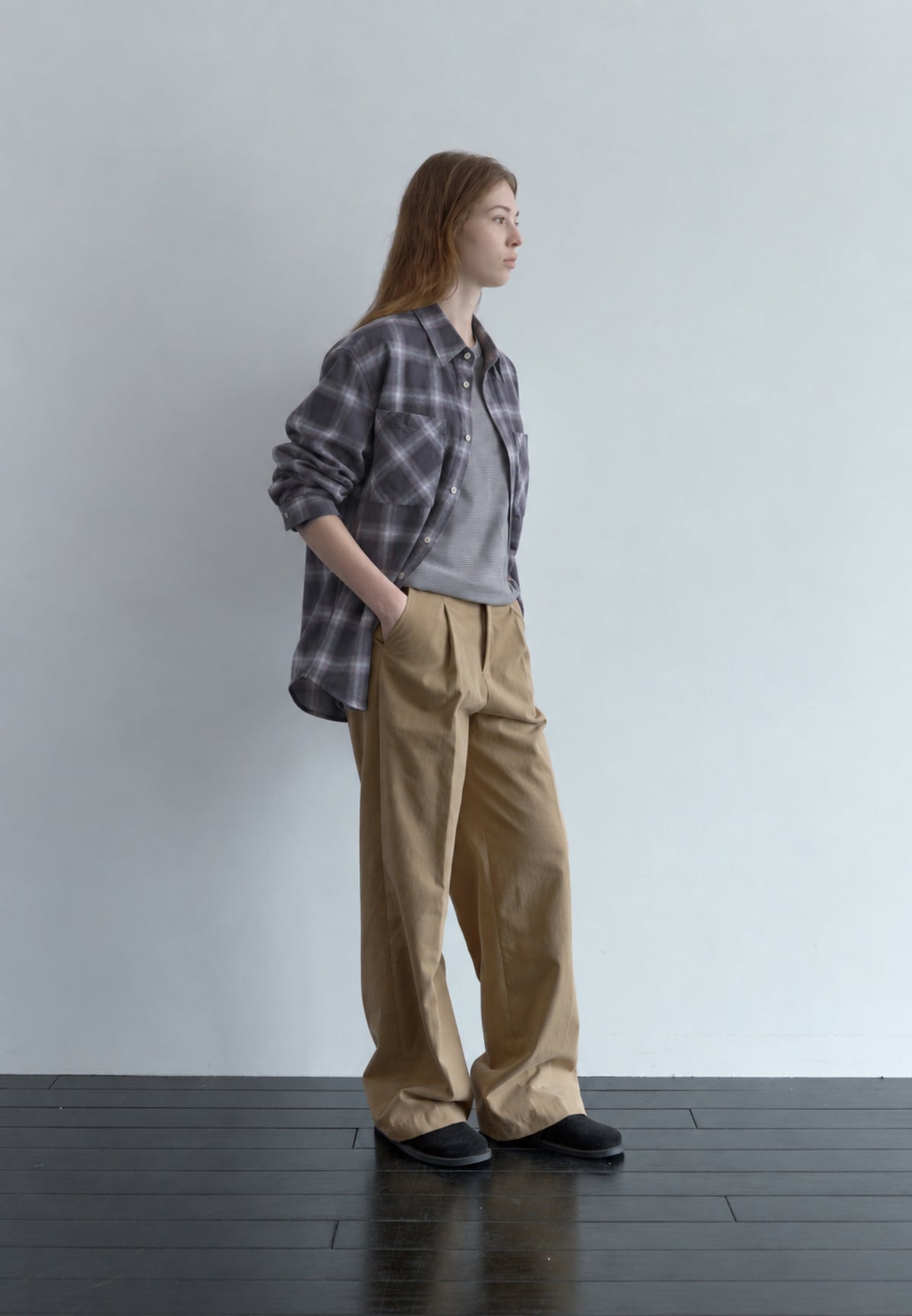 Faded Check Shirt in purple-grey, relaxed side styling