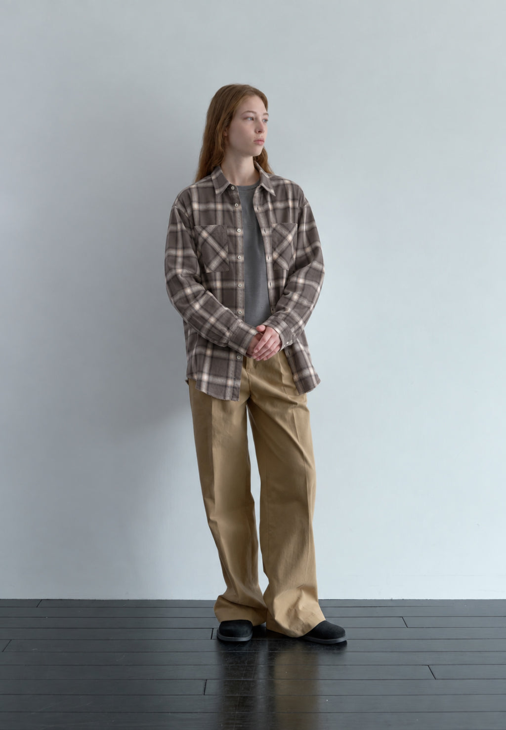 Faded Check Shirt in brown, full front view
