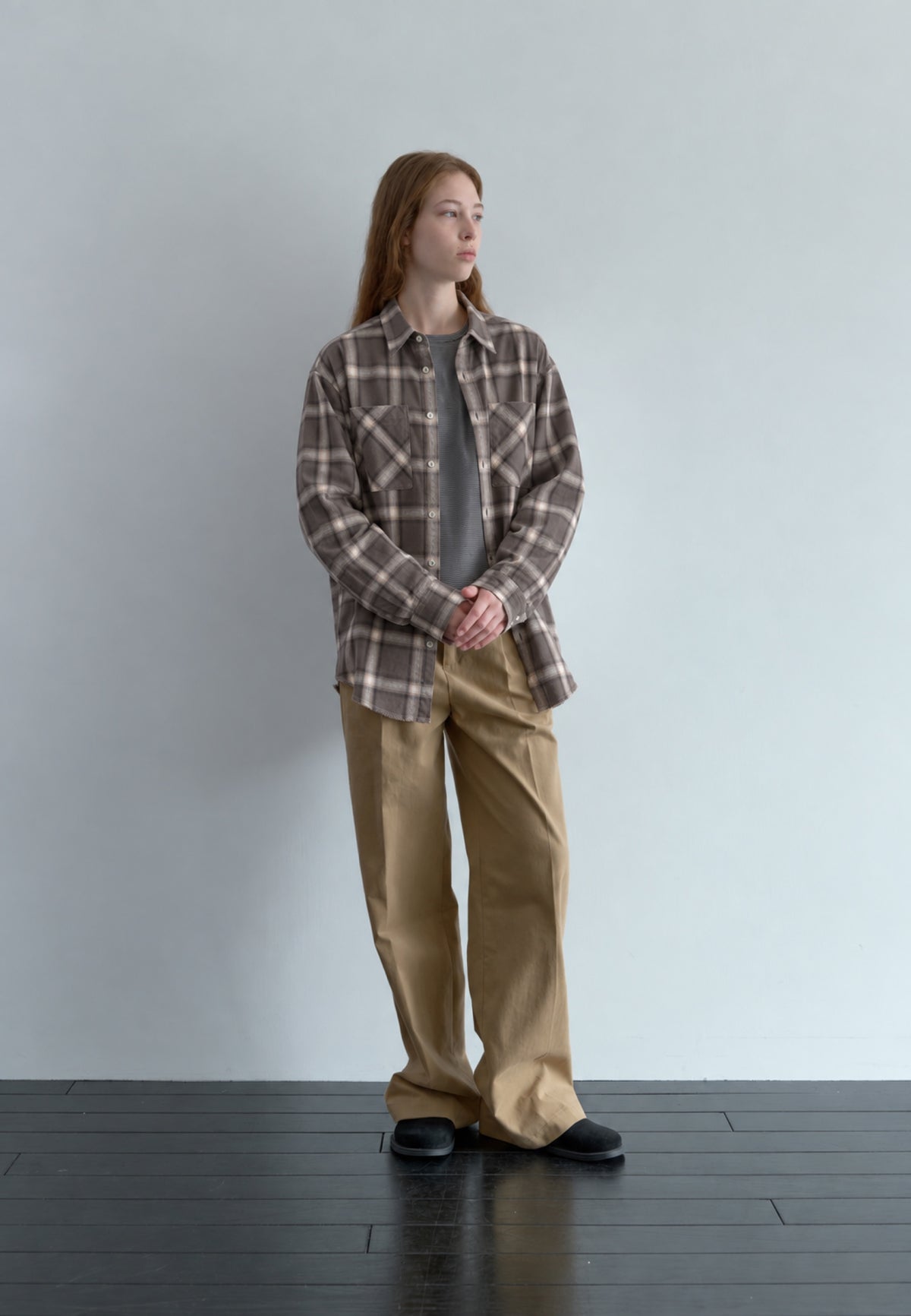 Faded Check Shirt in brown, full front view