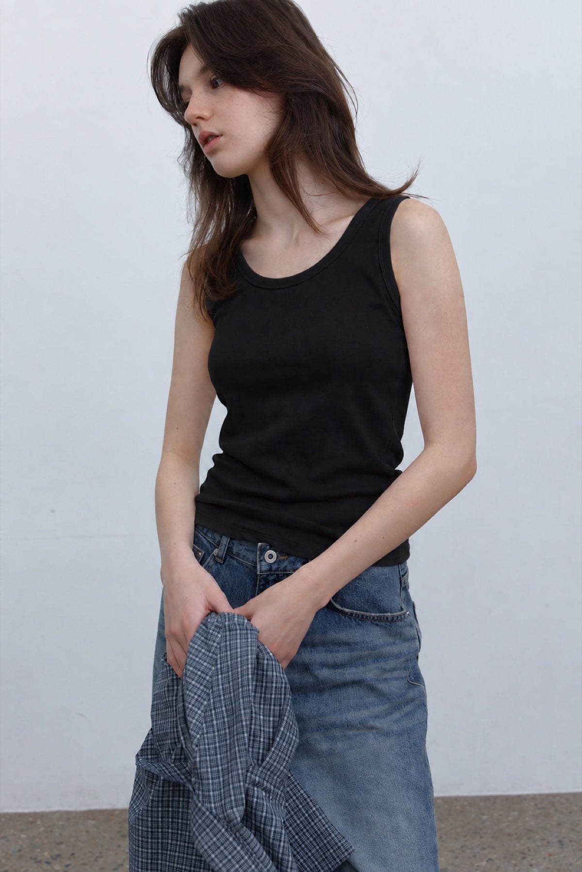 Scoop-Neck Tank in black, three-quarter view